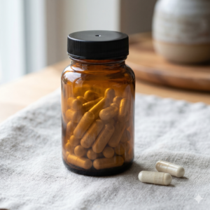 Amber bottle with ibogaine capsules