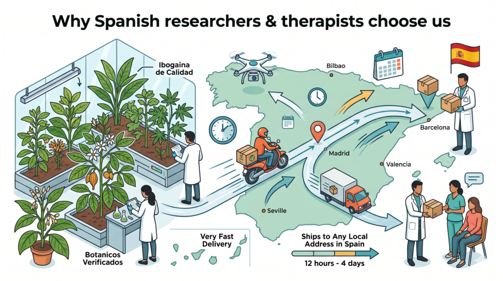Spanish research and delivery infographic on iboga and ibogaine